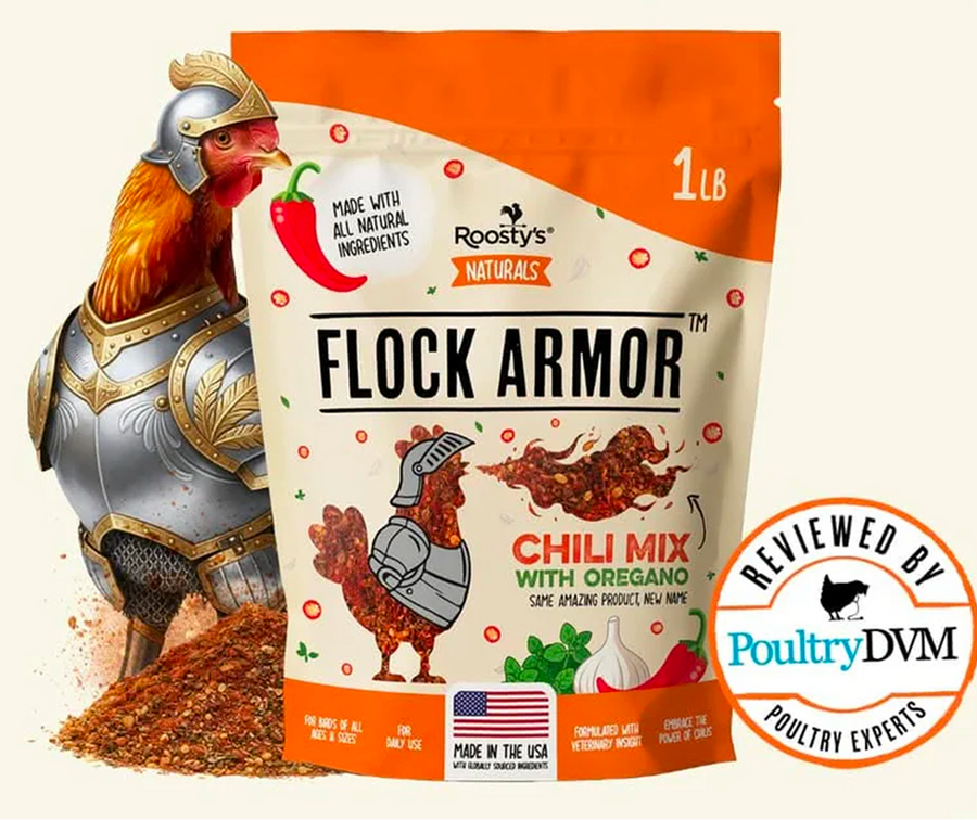Roosty's Flock Armor pouch, hero product shot on a warm, clean background