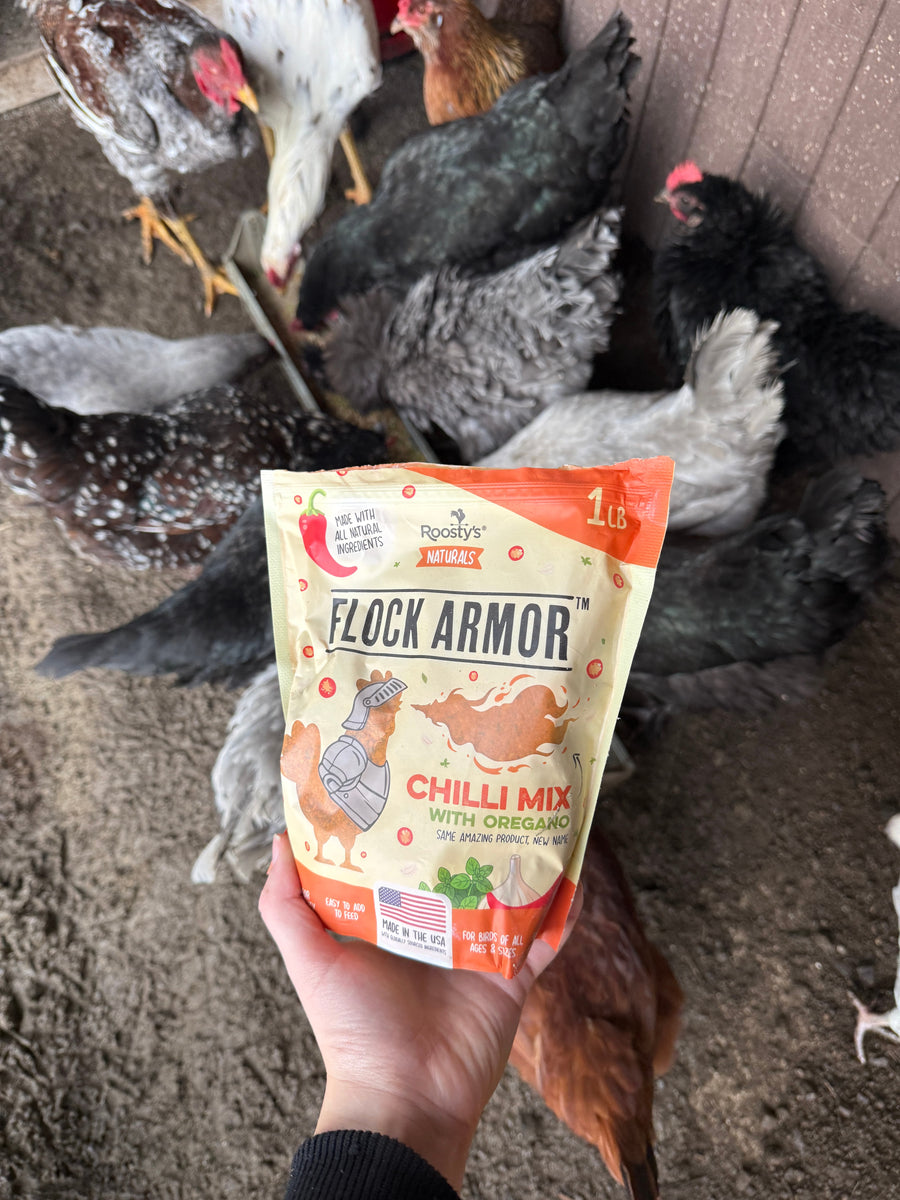 Roosty's Flock Armor with chickens feeding