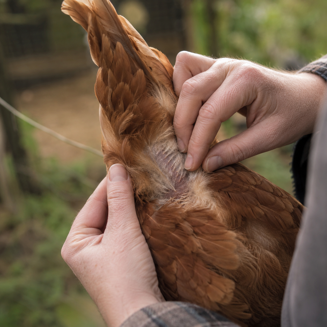 close-up of a hen's vent area, feathers matted and soiled