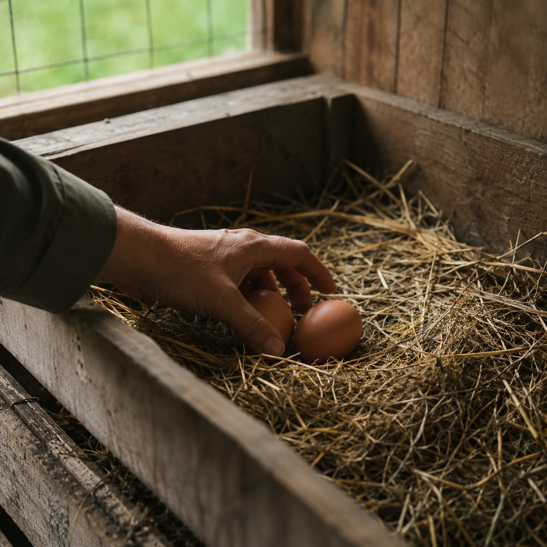 a nesting box with noticeably fewer eggs, or a hand holding just one or two