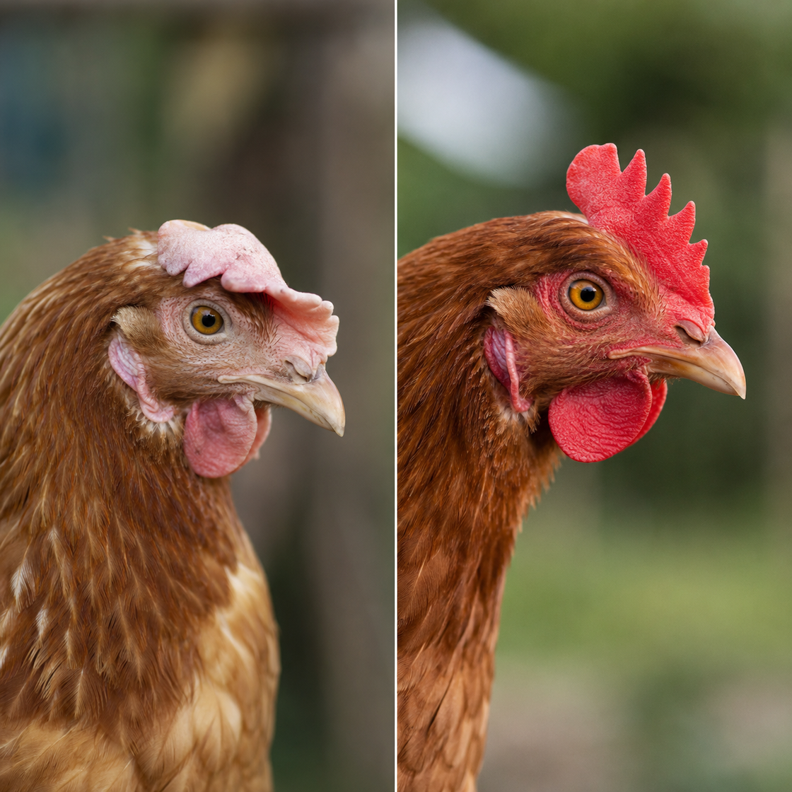 side-by-side combs, one pale and dull next to one bright red