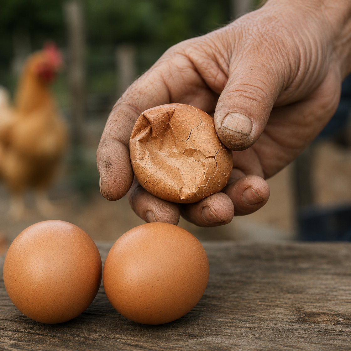 a thin, cracked or soft-shelled egg held in hand