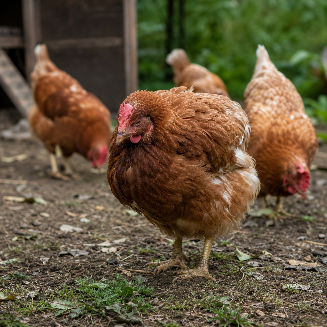 a hen hunched and puffed up, apart from an active flock behind her