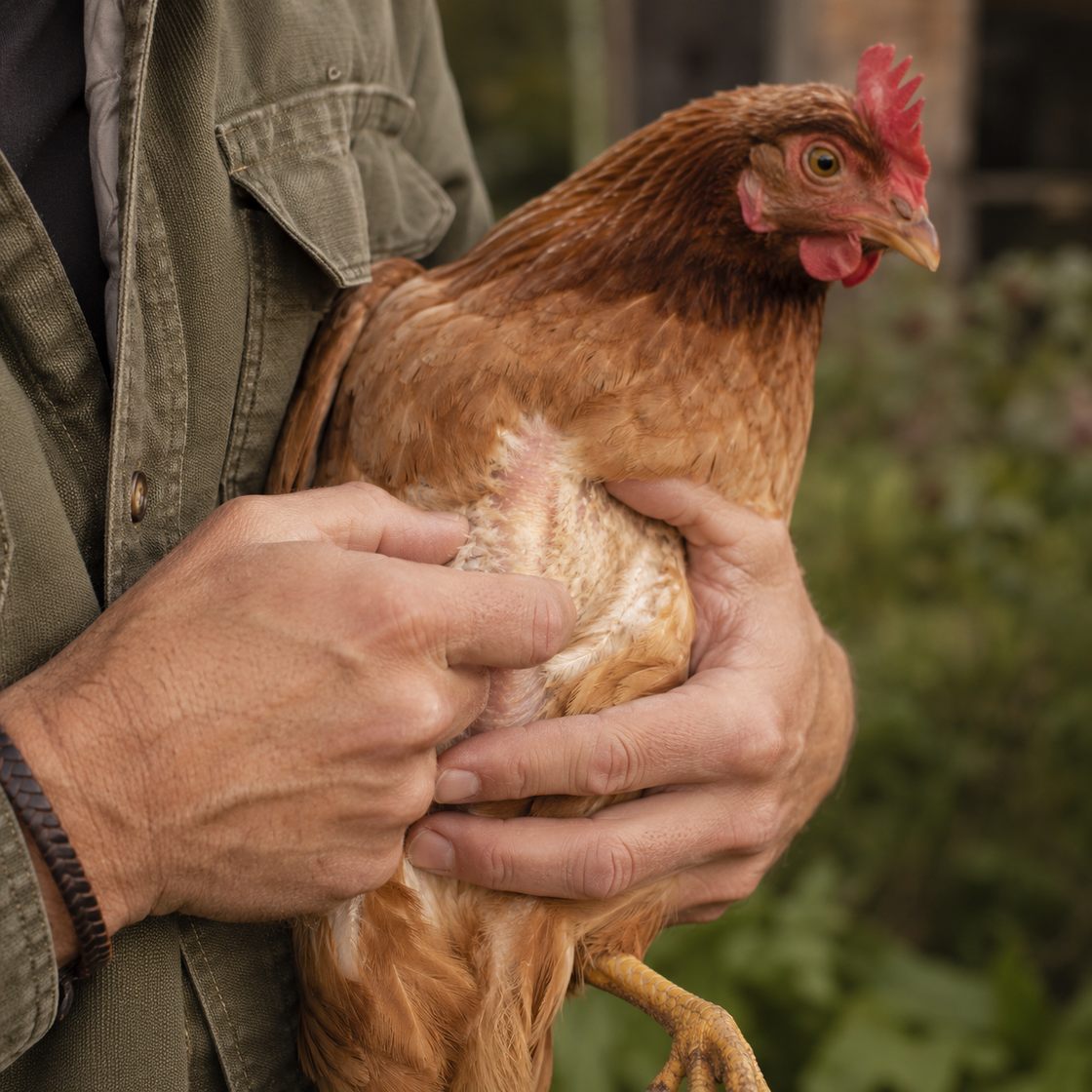 keeper's hands feeling a hen's keel bone, showing a thin breast