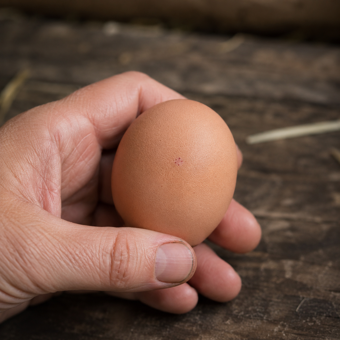 a dropping or egg with small blood spots, kept clean and illustrative