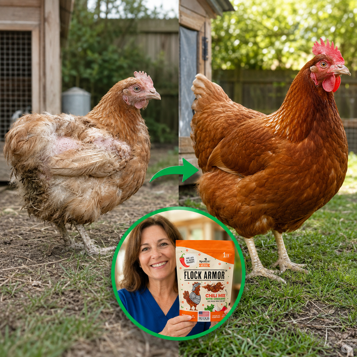A backyard hen before and after Roosty's Flock Armor, with Dr. Valerie Henley holding the pouch