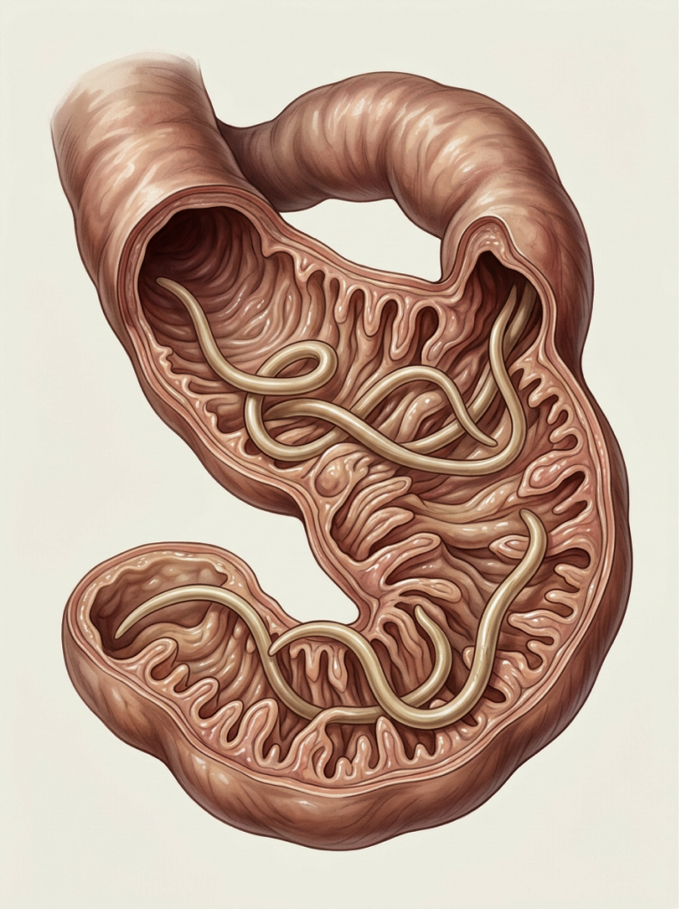 Illustration of parasites in the intestinal tract